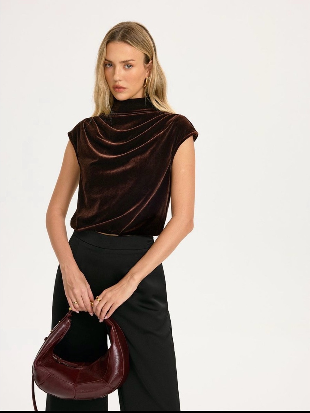 Commense Velvet Draped Mock-Neck Top in Dark Brown